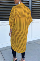 Black yellow Elegant Polyester Striped Fold Turndown Collar Outerwear