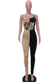 Yellow Purple Fashion Sexy Letter Print Split Joint Backless Fold O Neck Skinny Jumpsuits