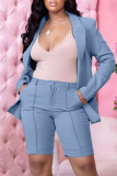 Baby Blue Fashion Casual Solid Cardigan Turndown Collar Long Sleeve Two Pieces