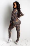 Brown Polyester Fashion adult Sexy Bandage Print Two Piece Suits Camouflage pencil Long Sleeve Two-piece
