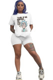 White Fashion Casual adult Ma'am Patchwork Print Character Two Piece Suits Straight Short Sleeve Two Pieces