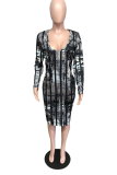 Black Sexy Print Split Joint V Neck Pencil Skirt Dresses