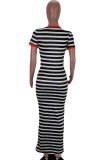 Yellow Polyester Fashion Red Yellow Bat sleeve Short Sleeves O neck Step Skirt Ankle-Length Striped Print Pocket Dresses