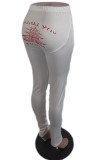 White Polyester Elastic Fly Mid Print pencil Pants Bottoms