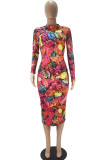 colour Fashion Casual Adult Polyester Print Split Joint O Neck Long Sleeve Knee Length A Line Dresses