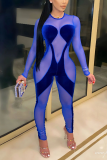 Blue Sexy Patchwork Mesh O Neck Skinny Jumpsuits