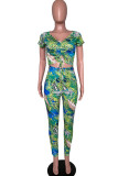 Blue Fashion Sexy Print Short Sleeve V Neck Jumpsuits