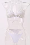 White Sexy Patchwork Pearl Party Swimwears