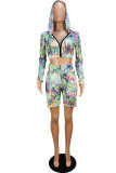 Green Polyester Sexy Fashion Print Patchwork Straight Long Sleeve Two-Piece Short Set