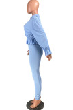 Blue Fashion Casual Adult Twilled Satin Solid Patchwork O Neck Long Sleeve Regular Sleeve Regular Two Pieces