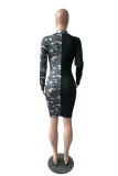Blue Sexy Print Patchwork V Neck Wrapped Skirt Dresses