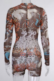 Brown Elegant Print O Neck Regular Rompers