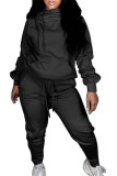 Black Fashion Casual Adult Spandex Solid Draw String Hooded Collar Plus Size