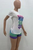 Rose Red Fashion Casual Gradual Change Letter Print Basic O Neck Short Sleeve Two Pieces