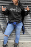 Black Fashion Casual Letter Print Basic O Neck Tops
