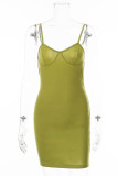 Green Street Solid Split Joint Spaghetti Strap Pencil Skirt Dresses