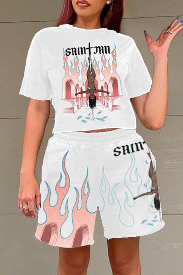 White Pink Fashion Casual Print Basic O Neck Short Sleeve Two Pieces