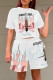 White Pink Fashion Casual Print Basic O Neck Short Sleeve Two Pieces