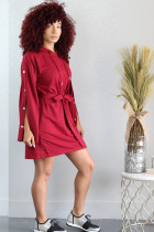 Red Polyester Street lantern sleeve Long Sleeves Hooded A-Line Knee-Length fastener Solid Casual Dresse