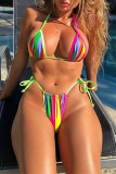 Rainbow Color Fashion Sexy Striped Print Backless Strap Design Swimwears