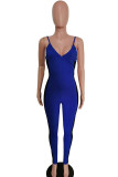 Blue Fashion street Patchwork Mesh Solid Cotton Sleeveless V Neck Jumpsuits