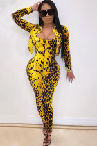 Yellow Polyester Street Print Leopard Two Piece Suits pencil Long Sleeve Two-piece Pants Set