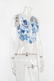 Blue Sexy Print Patchwork U Neck Tops