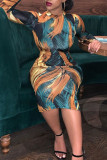Colour Sexy Print Asymmetrical O Neck Pencil Skirt Dresses
