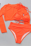 Orange Casual Sweet Solid Leopard Mesh Printing Solid Color Swimwears 3 Piece Set