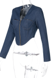 Light Blue Street Solid Patchwork V Neck Tops