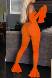 Orange Sexy Fashion stringy selvedge Backless bandage Solid Draped Long Sleeve Hanging neck 
