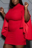 Red Sexy Solid Flounce O Neck Pencil Skirt Plus Size 
