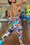 Colour Casual Sportswear Print Backless Spaghetti Strap Skinny Jumpsuits