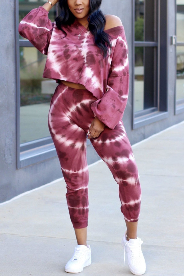 Multicolor Sexy Print Tie-dye O Neck Long Sleeve Two Pieces