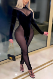 Black Sexy Patchwork Mesh O Neck Skinny Jumpsuits