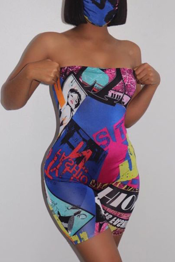 Multicolor Fashion Sexy Print Backless Strapless Skinny Romper