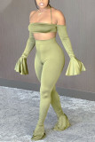 Green Casual Solid Split Joint Backless Spaghetti Strap Long Sleeve Two Pieces