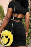 Black Casual Solid Hollowed Out Square Collar Short Sleeve Two Pieces