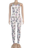 White Sexy Fashion Print Backless Milk. Sleeveless O Neck Jumpsuits