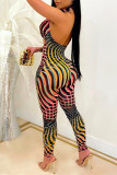 Multicolor Fashion Sexy Print Hollowed Out Backless Halter Skinny Jumpsuits