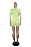 Green Fashion Sexy Solid crop top asymmetrical Two Piece Suits perspective Loose Short Sleeve T
