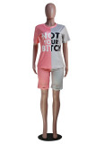 Pink Fashion Casual Letter Print Ripped Patchwork O Neck Short Sleeve Two Pieces