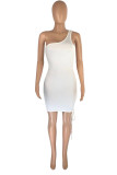 White Sexy Solid Hollowed Out Backless One Shoulder Sleeveless Dress