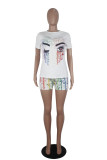 White Fashion Casual Print Basic O Neck Short Sleeve Two Pieces