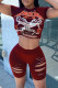 Red Fashion Sexy Print Ripped Hollowed Out O Neck Short Sleeve Two Pieces