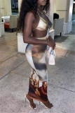 Multicolor Fashion Sexy Print Backless Strap Design Halter Sleeveless Dress