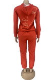 Red Street Sportswear Print Hooded Collar Long Sleeve Two Pieces