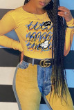 Yellow Casual Print O Neck Mid Waist Tops