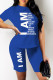 Blue Fashion Casual Letter Print Basic O Neck Short Sleeve Two Pieces
