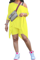 Yellow Cotton Sexy Patchwork Solid asymmetrical Straight Short Sleeve Two Pieces